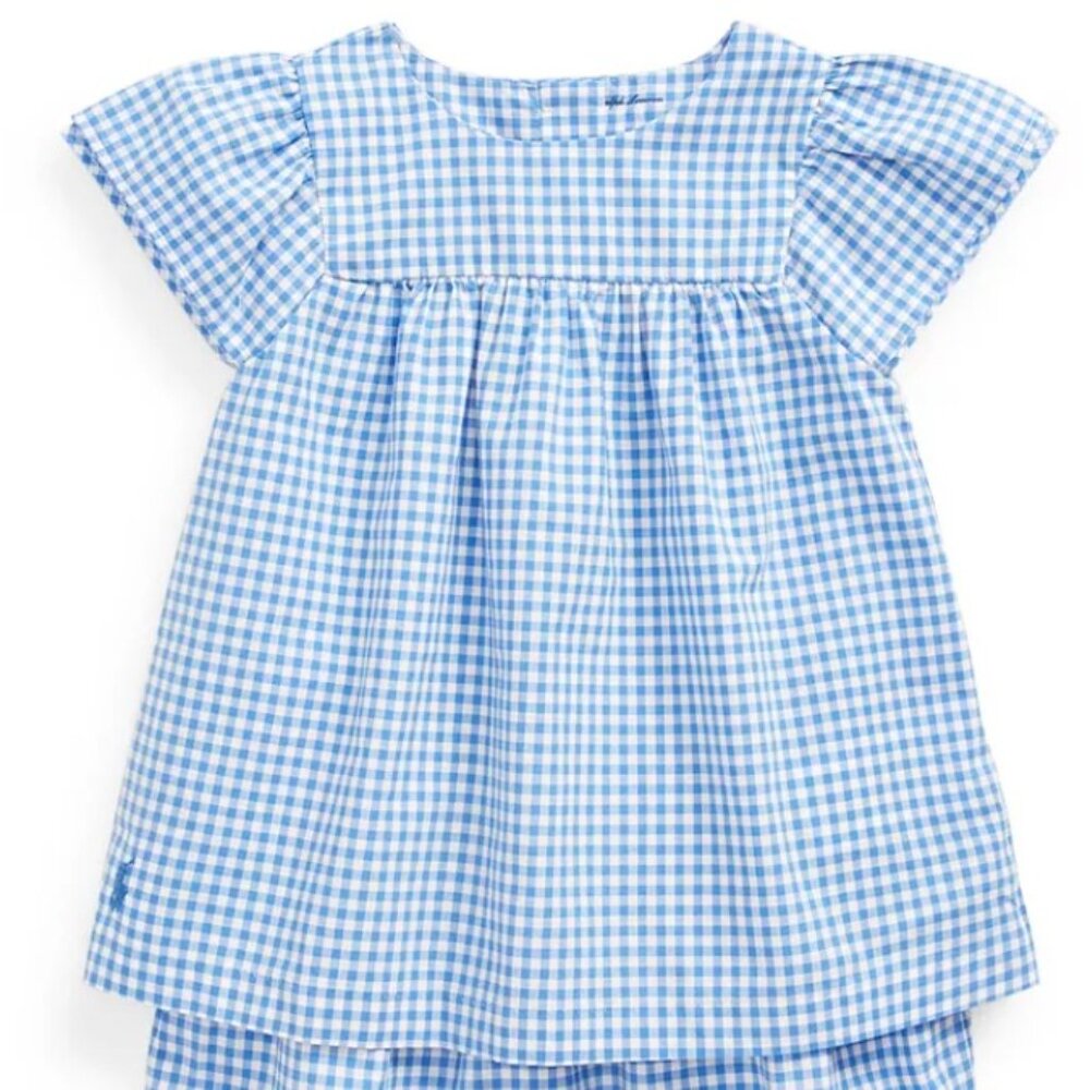 Ralph Lauren Kids Blue Cotton Checkered Gingham Flutter Sleeve Blouse